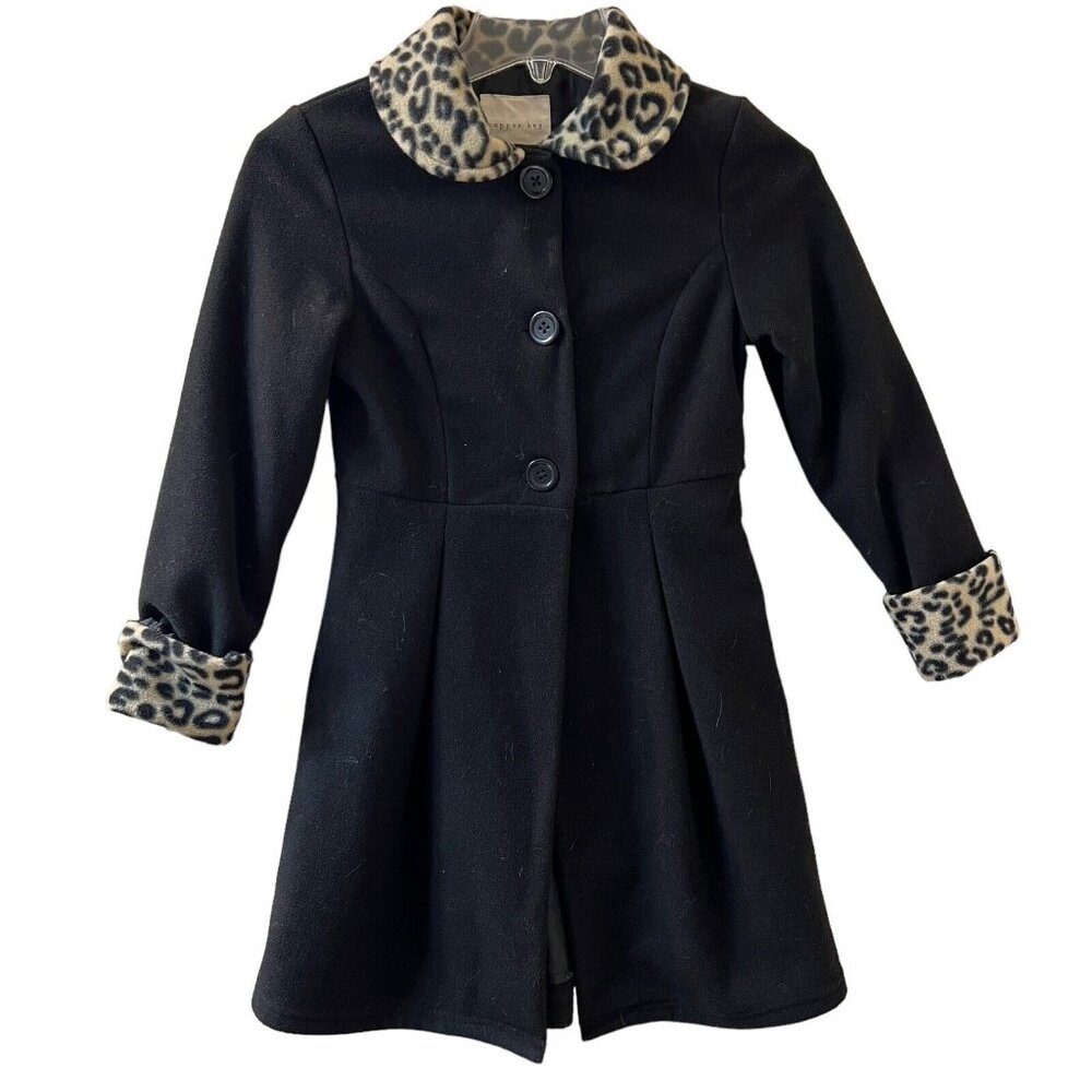 Vtg Copper Key Soft Black Coat Faux Fur Leopard Trim Size 7/8 Buttons Pockets - Picture 3 of 13